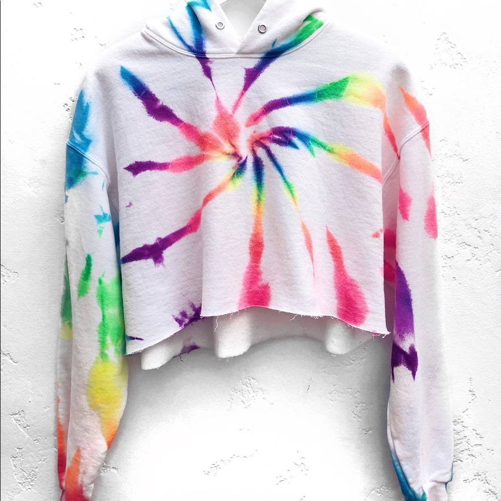 MYRRHE Tie-Dyed Cropped Hoodie/Neon Rainbow size S